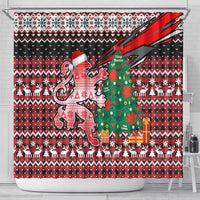 Latvia Christmas Shower Curtain with Red Lion, Holiday Tree, and Nordic Pattern Design - Wonder Print Shop