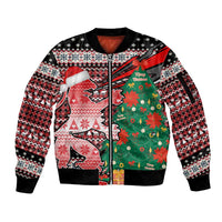 Latvia Christmas Sleeve Zip Bomber Jacket with Red Lion, Holiday Tree, and Nordic Pattern Design - Wonder Print Shop