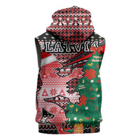 Latvia Christmas Sleeveless Zip Hoodie with Red Lion, Holiday Tree, and Nordic Pattern Design - Wonder Print Shop