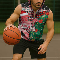 Latvia Christmas Sleeveless Zip Hoodie with Red Lion, Holiday Tree, and Nordic Pattern Design - Wonder Print Shop