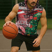 Latvia Christmas Sleeveless Zip Hoodie with Red Lion, Holiday Tree, and Nordic Pattern Design - Wonder Print Shop