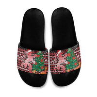 Latvia Christmas Slide Sandals with Red Lion, Holiday Tree, and Nordic Pattern Design - Wonder Print Shop