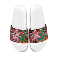 Latvia Christmas Slide Sandals with Red Lion, Holiday Tree, and Nordic Pattern Design - Wonder Print Shop