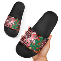 Latvia Christmas Slide Sandals with Red Lion, Holiday Tree, and Nordic Pattern Design - Wonder Print Shop