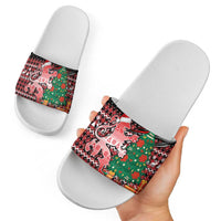 Latvia Christmas Slide Sandals with Red Lion, Holiday Tree, and Nordic Pattern Design - Wonder Print Shop