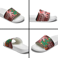 Latvia Christmas Slide Sandals with Red Lion, Holiday Tree, and Nordic Pattern Design - Wonder Print Shop