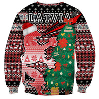 Latvia Christmas Sweatshirt with Red Lion, Holiday Tree, and Nordic Pattern Design - Wonder Print Shop