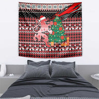 Latvia Christmas Tapestry with Red Lion, Holiday Tree, and Nordic Pattern Design - Wonder Print Shop