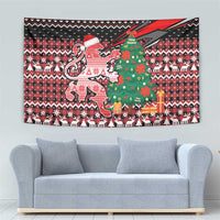 Latvia Christmas Tapestry with Red Lion, Holiday Tree, and Nordic Pattern Design - Wonder Print Shop