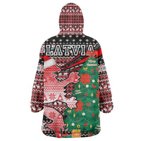 Latvia Christmas Wearable Blanket Hoodie with Red Lion, Holiday Tree, and Nordic Pattern Design - Wonder Print Shop