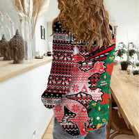 Latvia Christmas Women Casual Shirt with Red Lion, Holiday Tree, and Nordic Pattern Design - Wonder Print Shop