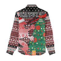 Latvia Christmas Women Casual Shirt with Red Lion, Holiday Tree, and Nordic Pattern Design - Wonder Print Shop