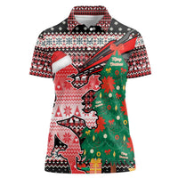 Latvia Christmas Women Polo Shirt with Red Lion, Holiday Tree, and Nordic Pattern Design - Wonder Print Shop