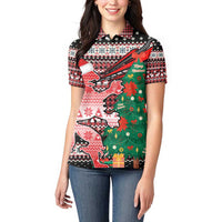 Latvia Christmas Women Polo Shirt with Red Lion, Holiday Tree, and Nordic Pattern Design - Wonder Print Shop