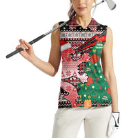 Latvia Christmas Women Sleeveless Polo Shirt with Red Lion, Holiday Tree, and Nordic Pattern Design - Wonder Print Shop