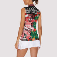 Latvia Christmas Women Sleeveless Polo Shirt with Red Lion, Holiday Tree, and Nordic Pattern Design - Wonder Print Shop