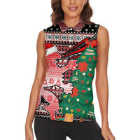 Latvia Christmas Women Sleeveless Polo Shirt with Red Lion, Holiday Tree, and Nordic Pattern Design - Wonder Print Shop