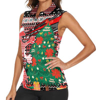Latvia Christmas Women Sleeveless Polo Shirt with Red Lion, Holiday Tree, and Nordic Pattern Design - Wonder Print Shop
