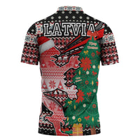 Latvia Christmas Zipper Polo Shirt with Red Lion, Holiday Tree, and Nordic Pattern Design - Wonder Print Shop