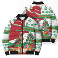Lebanon Christmas Bomber Puffer Jacket with Falcon, Holiday Tree, and Red Green Snowflake Pattern - Wonder Print Shop