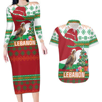 Lebanon Christmas Couples Matching Long Sleeve Bodycon Dress and Hawaiian Shirt with Falcon, Holiday Tree, and Red Green Snowflake Pattern - Wonder Print Shop