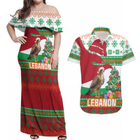 Lebanon Christmas Couples Matching Off Shoulder Maxi Dress and Hawaiian Shirt with Falcon, Holiday Tree, and Red Green Snowflake Pattern - Wonder Print Shop