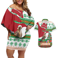 Lebanon Christmas Couples Matching Off Shoulder Short Dress and Hawaiian Shirt with Falcon, Holiday Tree, and Red Green Snowflake Pattern - Wonder Print Shop