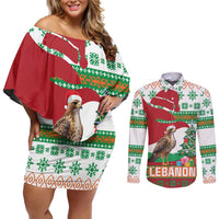 Lebanon Christmas Couples Matching Off Shoulder Short Dress and Long Sleeve Button Shirt with Falcon, Holiday Tree, and Red Green Snowflake Pattern - Wonder Print Shop