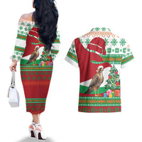 Lebanon Christmas Couples Matching Off The Shoulder Long Sleeve Dress and Hawaiian Shirt with Falcon, Holiday Tree, and Red Green Snowflake Pattern - Wonder Print Shop