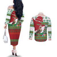 Lebanon Christmas Couples Matching Off The Shoulder Long Sleeve Dress and Long Sleeve Button Shirt with Falcon, Holiday Tree, and Red Green Snowflake Pattern - Wonder Print Shop