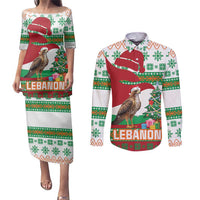 Lebanon Christmas Couples Matching Puletasi and Long Sleeve Button Shirt with Falcon, Holiday Tree, and Red Green Snowflake Pattern - Wonder Print Shop