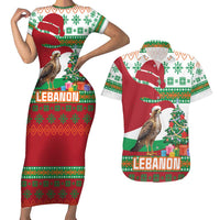 Lebanon Christmas Couples Matching Short Sleeve Bodycon Dress and Hawaiian Shirt with Falcon, Holiday Tree, and Red Green Snowflake Pattern - Wonder Print Shop