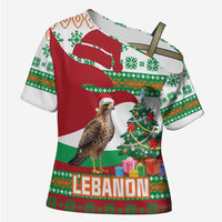 Lebanon Christmas Cross Shoulder Shirt with Falcon, Holiday Tree, and Red Green Snowflake Pattern - Wonder Print Shop