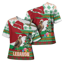Lebanon Christmas Cross Shoulder Shirt with Falcon, Holiday Tree, and Red Green Snowflake Pattern - Wonder Print Shop