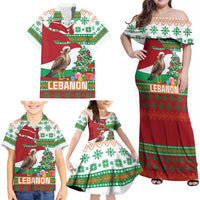 Lebanon Christmas Family Matching Off Shoulder Maxi Dress and Hawaiian Shirt with Falcon, Holiday Tree, and Red Green Snowflake Pattern - Wonder Print Shop