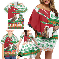 Lebanon Christmas Family Matching Off Shoulder Short Dress and Hawaiian Shirt with Falcon, Holiday Tree, and Red Green Snowflake Pattern - Wonder Print Shop