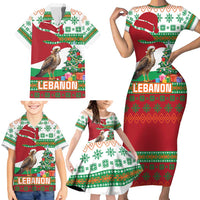 Lebanon Christmas Family Matching Short Sleeve Bodycon Dress and Hawaiian Shirt with Falcon, Holiday Tree, and Red Green Snowflake Pattern - Wonder Print Shop
