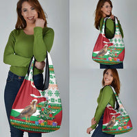 Lebanon Christmas Grocery Bag with Falcon, Holiday Tree, and Red Green Snowflake Pattern - Wonder Print Shop