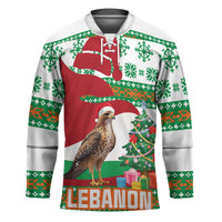 Lebanon Christmas Hockey Jersey with Falcon, Holiday Tree, and Red Green Snowflake Pattern - Wonder Print Shop