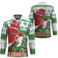 Lebanon Christmas Hockey Jersey with Falcon, Holiday Tree, and Red Green Snowflake Pattern - Wonder Print Shop