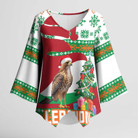 Lebanon Christmas Kimono Sleeve Blouse with Falcon, Holiday Tree, and Red Green Snowflake Pattern - Wonder Print Shop