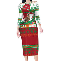 Lebanon Christmas Long Sleeve Bodycon Dress with Falcon, Holiday Tree, and Red Green Snowflake Pattern - Wonder Print Shop