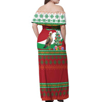 Lebanon Christmas Off Shoulder Maxi Dress with Falcon, Holiday Tree, and Red Green Snowflake Pattern - Wonder Print Shop