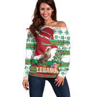 Lebanon Christmas Off Shoulder Sweater with Falcon, Holiday Tree, and Red Green Snowflake Pattern - Wonder Print Shop