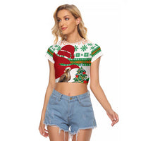 Lebanon Christmas Raglan Cropped T Shirt with Falcon, Holiday Tree, and Red Green Snowflake Pattern - Wonder Print Shop