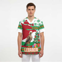 Lebanon Christmas Scrub Top with Falcon, Holiday Tree, and Red Green Snowflake Pattern - Wonder Print Shop