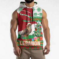 Lebanon Christmas Sleeveless Hoodie with Falcon, Holiday Tree, and Red Green Snowflake Pattern - Wonder Print Shop