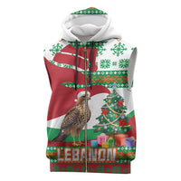 Lebanon Christmas Sleeveless Zip Hoodie with Falcon, Holiday Tree, and Red Green Snowflake Pattern - Wonder Print Shop
