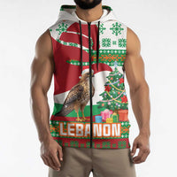 Lebanon Christmas Sleeveless Zip Hoodie with Falcon, Holiday Tree, and Red Green Snowflake Pattern - Wonder Print Shop