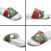 Lebanon Christmas Slide Sandals with Falcon, Holiday Tree, and Red Green Snowflake Pattern - Wonder Print Shop